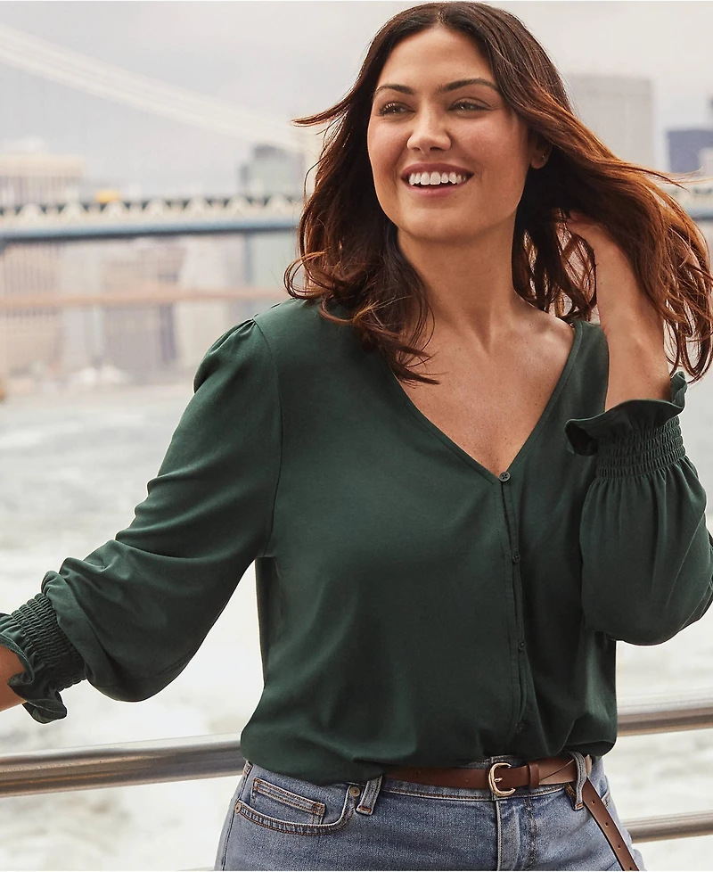 Lands' End Women's 3/4 Sleeve Lightweight Jersey Button Front Top