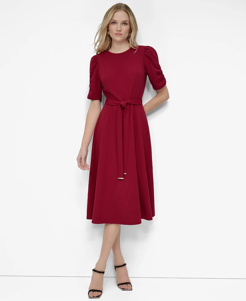 Dkny Women's Ruched-Sleeve Belted Fit and Flare Midi Dress