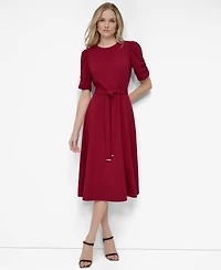 Dkny Women's Ruched-Sleeve Belted Fit and Flare Midi Dress