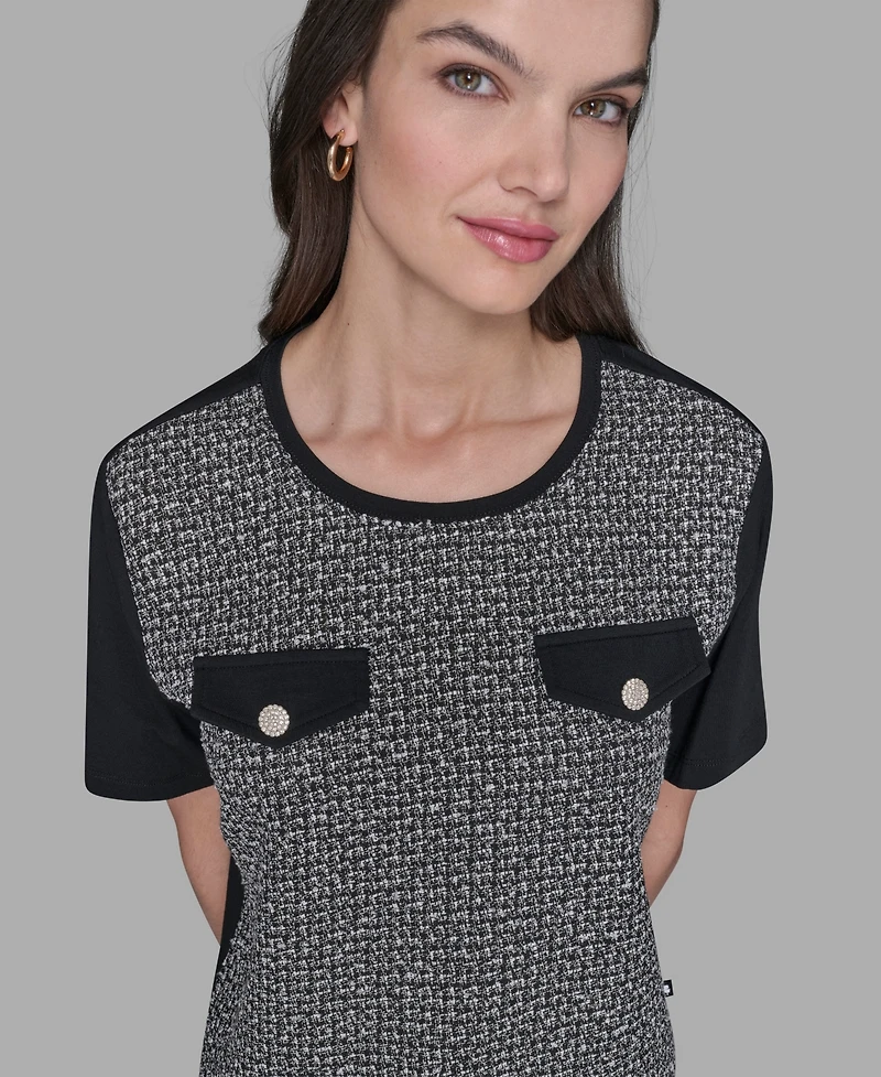 Karl Lagerfeld Paris Women's Tweed Pocket Knit Short Sleeve Top