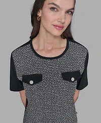 Karl Lagerfeld Paris Women's Tweed Pocket Knit Short Sleeve Top