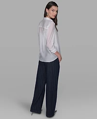 Karl Lagerfeld Paris Women's Ruffle Button Woven Collar Neck Top