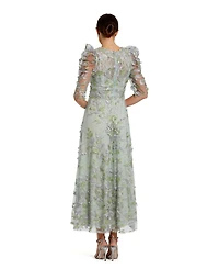 Mac Duggal Women's Applique High Neck Puff Sleeve A Line Dress