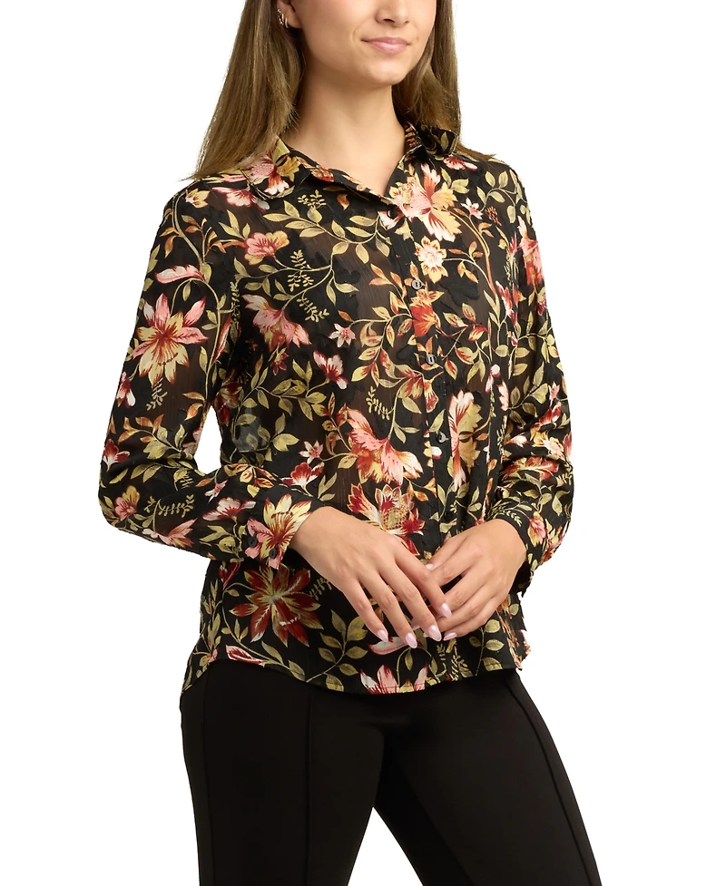 Bcx Juniors Printed Burnout Button-Front Long-Sleeve Top