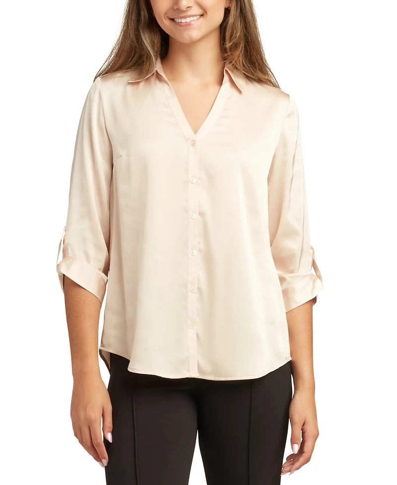 Bcx Juniors Stretch Satin Button-Up 3/4-Sleeve Top