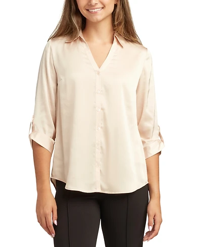 Bcx Juniors Stretch Satin Button-Up 3/4-Sleeve Top