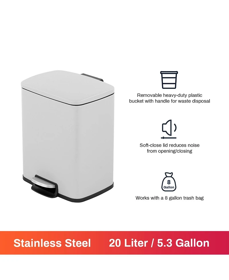 Mega Casa 5.3 Gal./20 Liter Rectangular Stainless-Steel-Made Matt White step-on Trash Can for kitchen