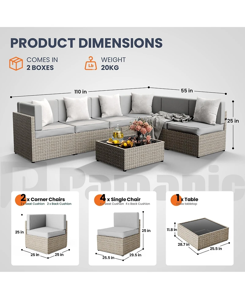 Gray 7-Piece Wicker Outdoor Sectional Set with Coffee Table and Gray Cushions