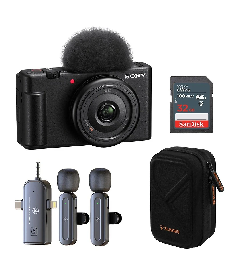Sony Zv-1F Vlogging Camera (Black) Bundle with 3-in-1 Wireless Lavalier Mic for 2 People, Hardshell Case & 32GB Sd Card /u2013 Content Creator Kit for