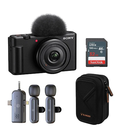 Sony Zv-1F Vlogging Camera (Black) Bundle with 3-in-1 Wireless Lavalier Mic for 2 People, Hardshell Case & 32GB Sd Card /u2013 Content Creator Kit for