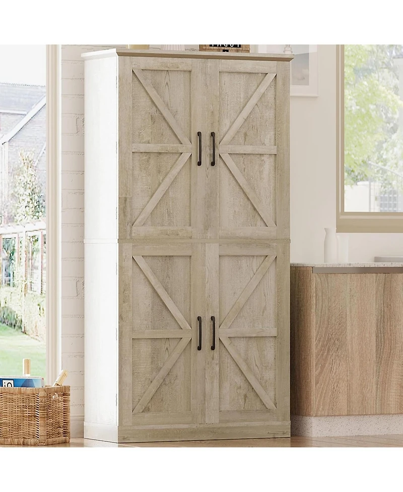 Ironck Kitchen Pantry Cabinet 72.8" H, 4 Barn Doors with Storage Rack, Brown