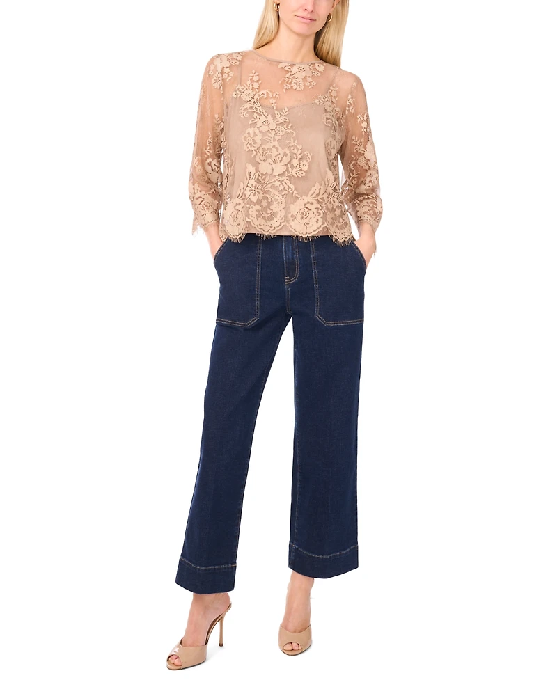 Vince Camuto Women's Floral-Lace Scalloped-Hem 3/4-Sleeve Top