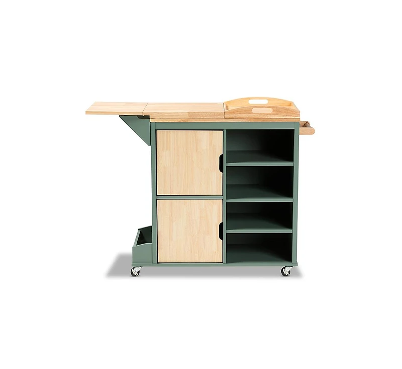 Baxton Studio Dorthy Coastal and Farmhouse Two-tone Dark Green and Natural Wood Kitchen Storage Cart