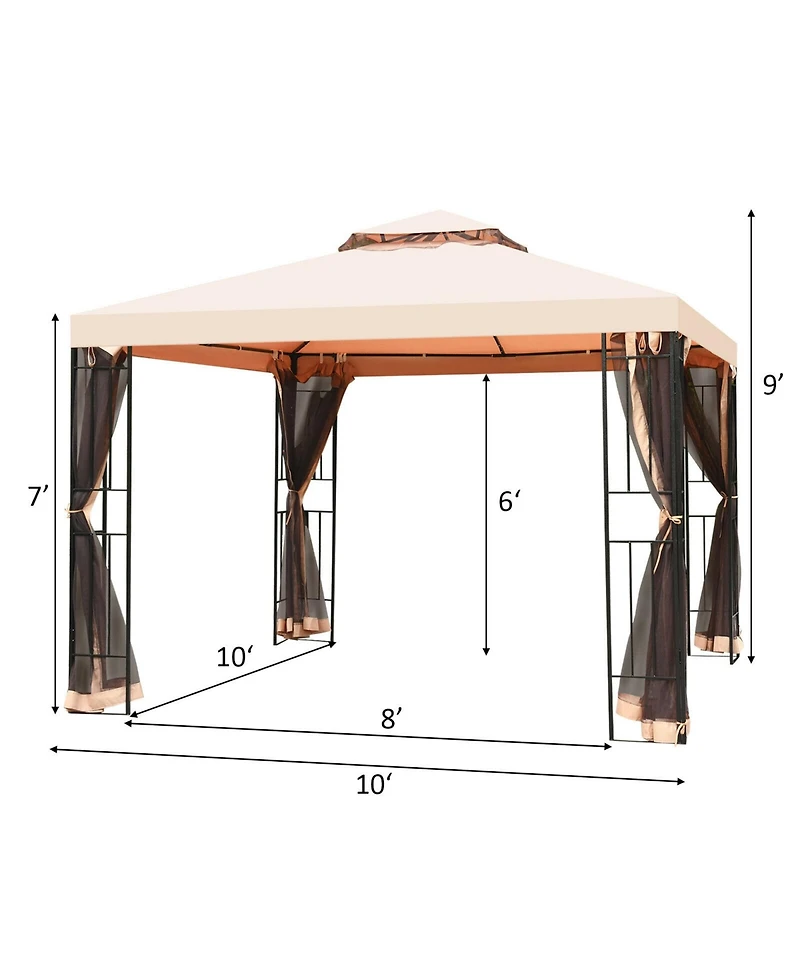 Gymax 10x10ft Metal Gazebo W/ Mosquito Netting Canopy Gazebo 2 Tier Vented Gazebo Top