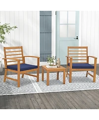 Gymax 3PCS Furniture Set Acacia Wood Conversation Set w/ Soft Seat Cushions Outdoor