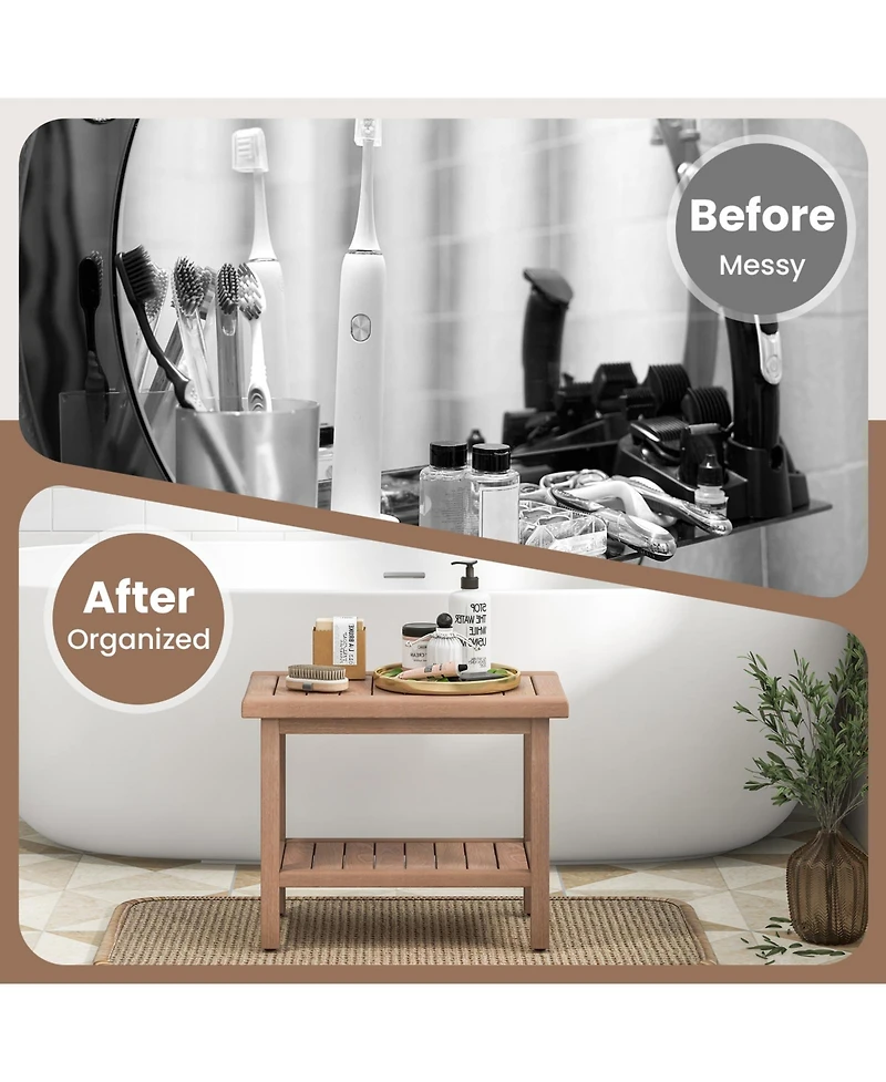 21'' Teak Wood Shower Bench 2-Tier Waterproof Bath Spa Stool
