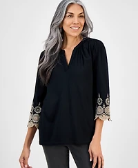 Style & Co Women's Embroidered-Cuff Split-Neck Blouse, Macy's Exclusive