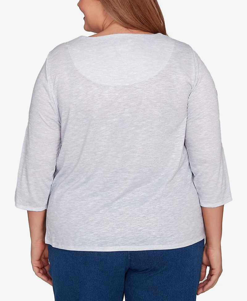 Alfred Dunner Plus Classic Santa and Tree Print Crew Neck Top