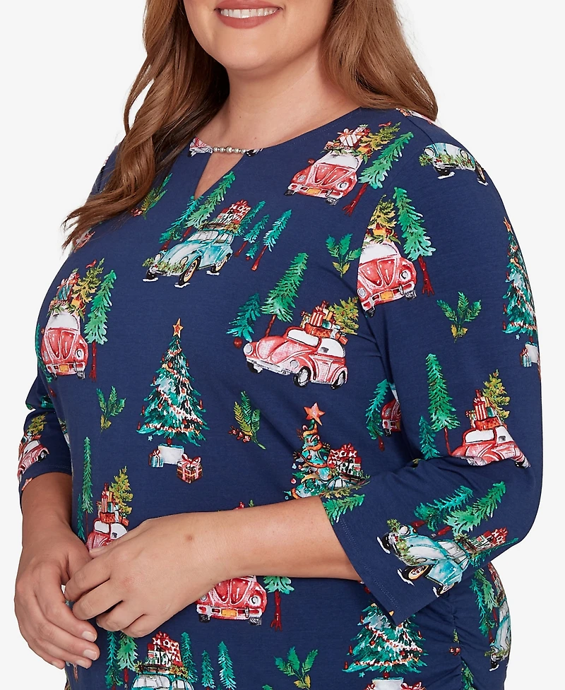 Alfred Dunner Plus Classic Christmas Tree Print Beaded Keyhole Neck Top