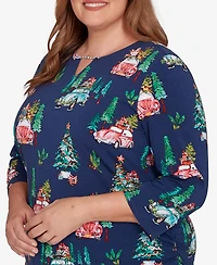 Alfred Dunner Plus Classic Christmas Tree Print Beaded Keyhole Neck Top