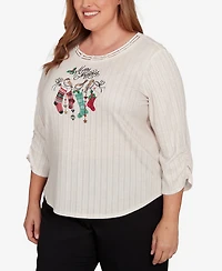 Alfred Dunner Plus Classic Holiday Stockings Gathered Sleeve Top
