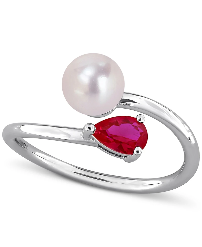 Cultured Freshwater Pearl (6mm) & Lab Grown Ruby (5/8 ct. t.w.) Bypass Ring Sterling Silver