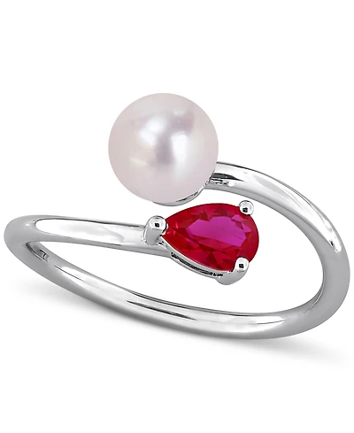 Cultured Freshwater Pearl (6mm) & Lab Grown Ruby (5/8 ct. t.w.) Bypass Ring Sterling Silver