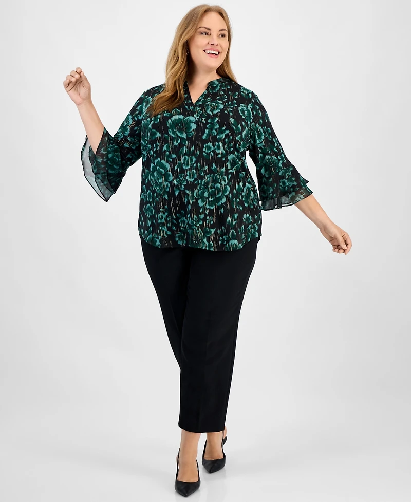 Kasper Plus Printed V-Neck Flutter-Sleeve Top