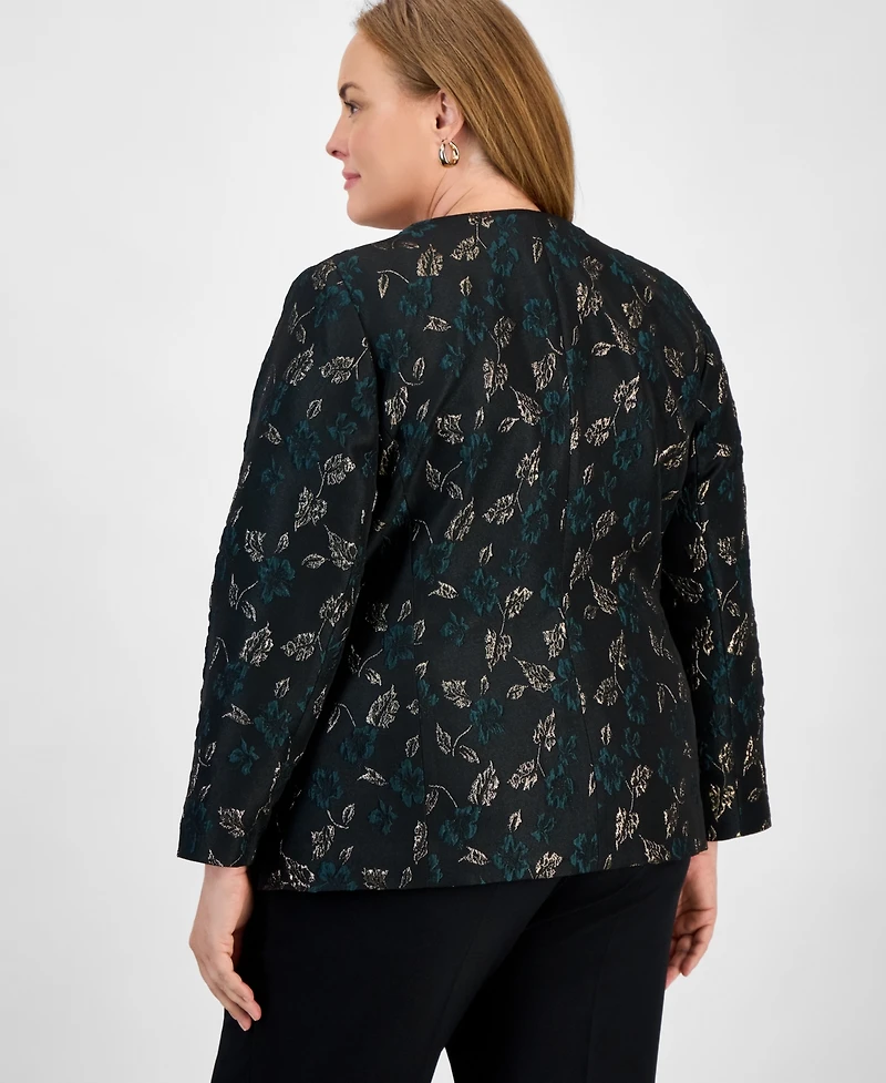 Kasper Plus Metallic Jacquard Collarless One-Button Blazer