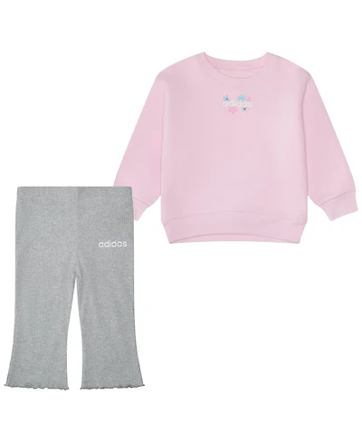 adidas Baby Girls 2-Piece Fleece Pull-On Sweatshirt and Flare-Leg Pants Set