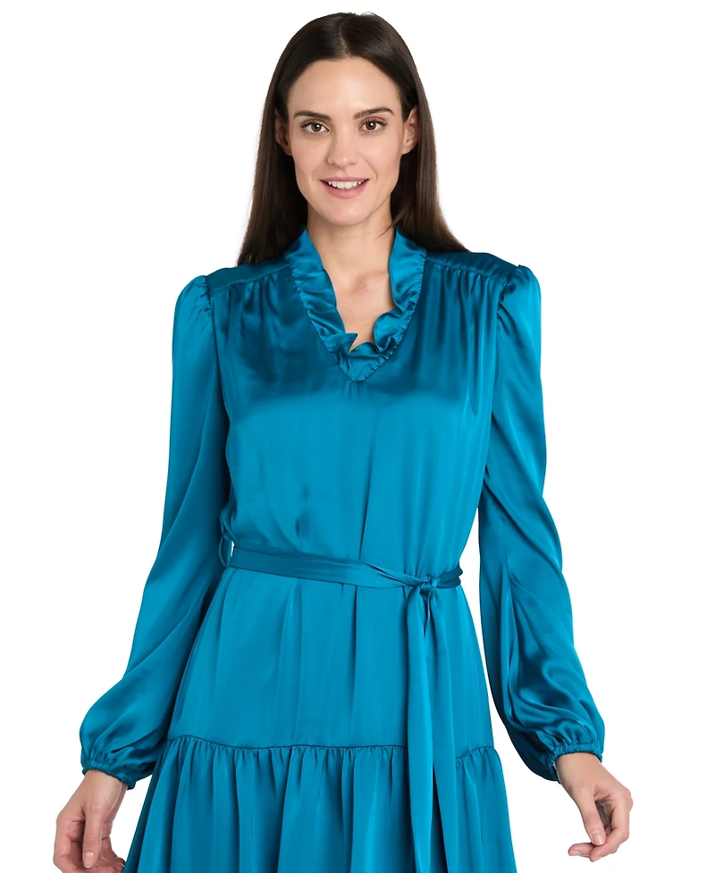 R & M Richards Women's V-Neck Charmeuse Ruffled Waist-Tie Dress