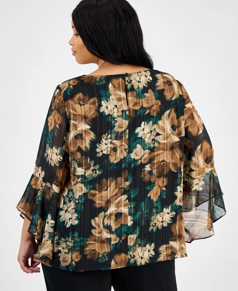 Kasper Plus Printed Ruffle-Sleeve Blouse