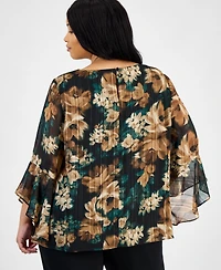 Kasper Plus Printed Ruffle-Sleeve Blouse