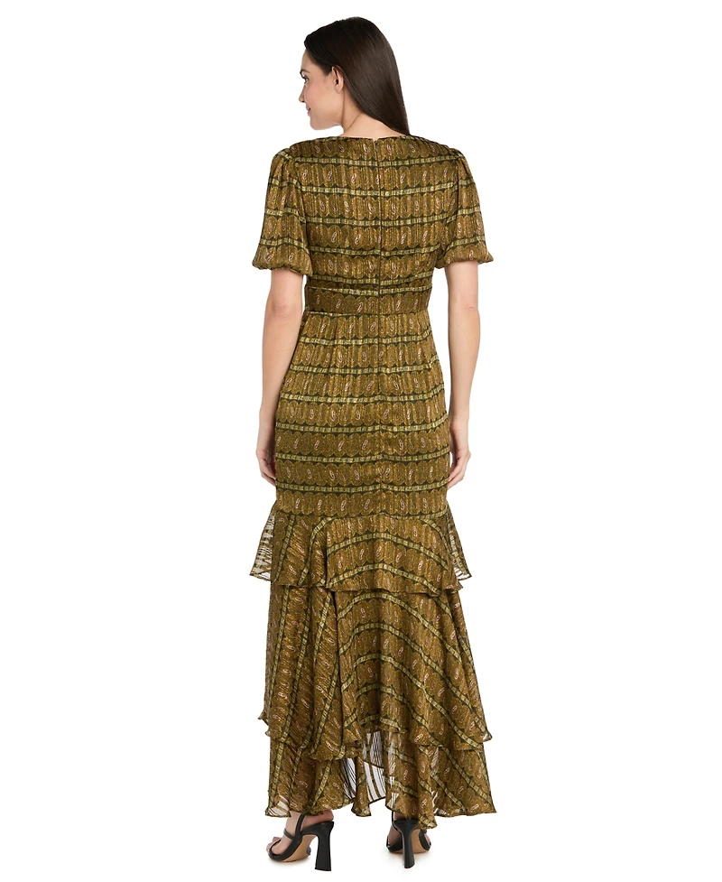 R & M Richards Women's Satin Metallic Stripe Puff-Sleeve Dress
