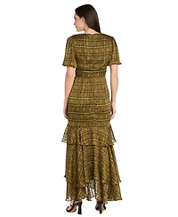R & M Richards Women's Satin Metallic Stripe Puff-Sleeve Dress