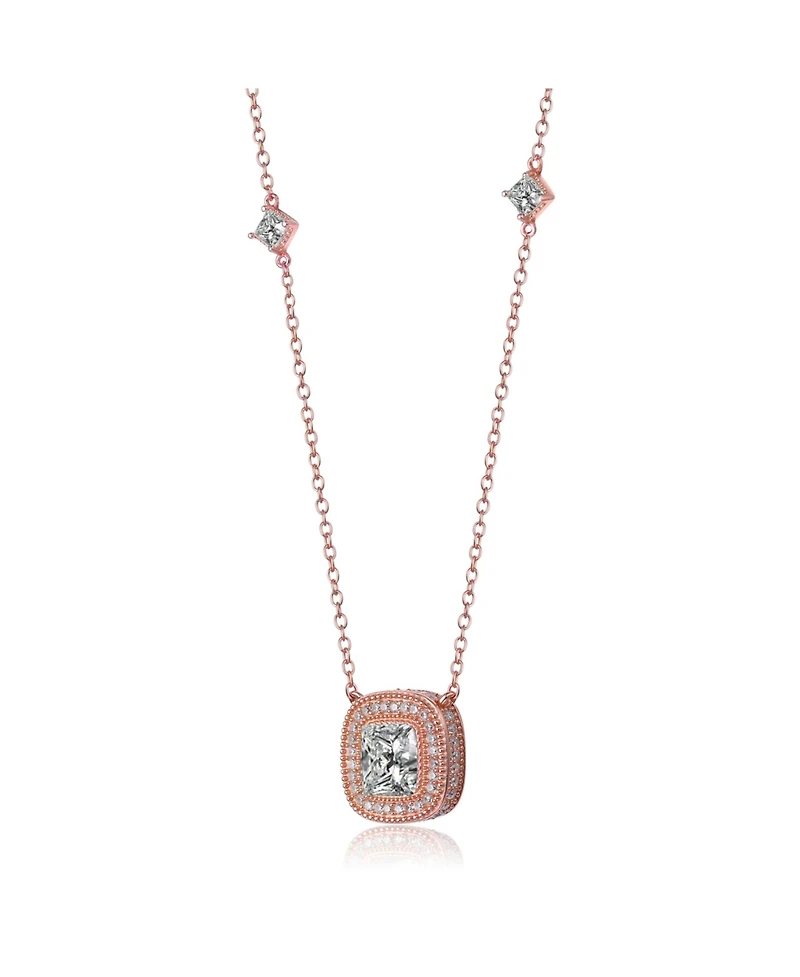 Sterling Silver Cubic Zirconia 18K Rose Gold Plated Square Stud Necklace