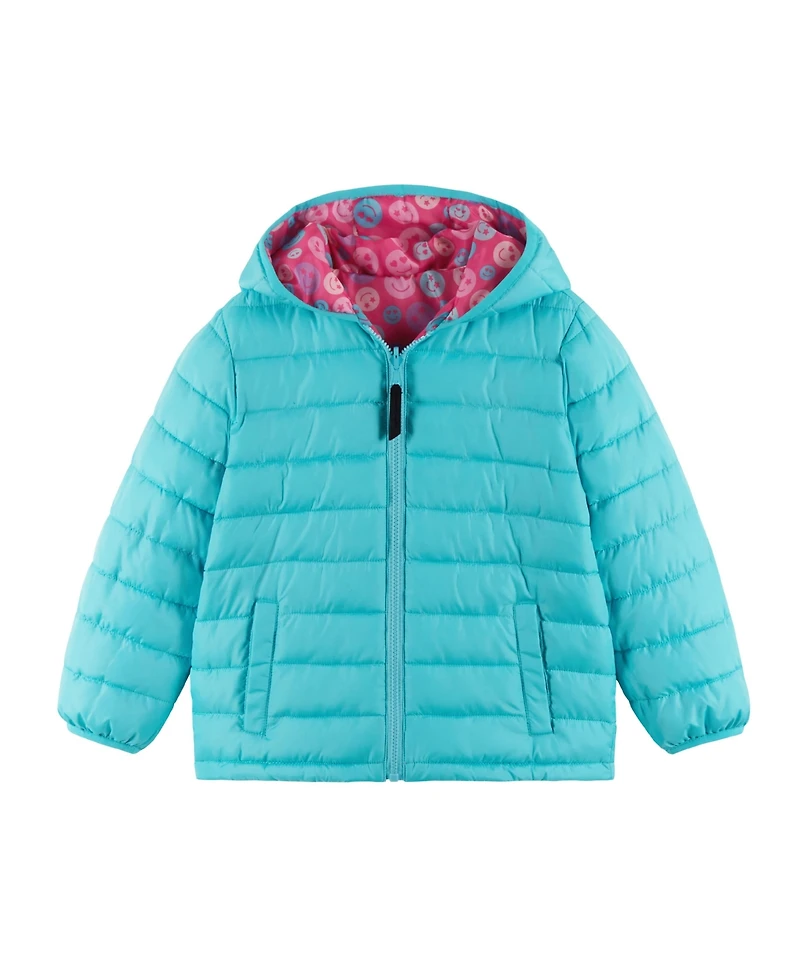 Andy & Evan Toddler/Child Girls Pink/Aqua Smiley Printed Reversible Puffer Jacket