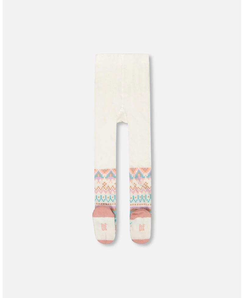 Deux par Girl Knit Tights White Pink and Turquoise with Norwegian Jacquard - Toddler|Child
