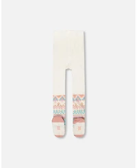 Deux par Girl Knit Tights White Pink and Turquoise with Norwegian Jacquard - Toddler|Child