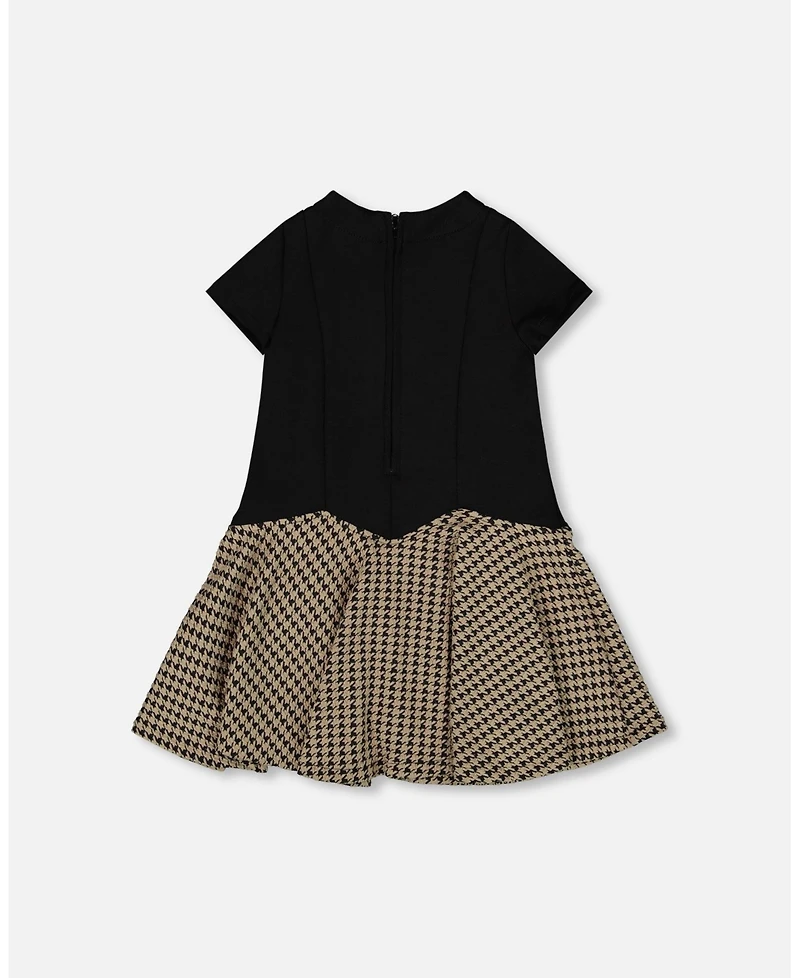 Deux par Deux Girl Short Sleeve Bi-Material Milano and Jacquard Knit Dress Black - Toddler|Child