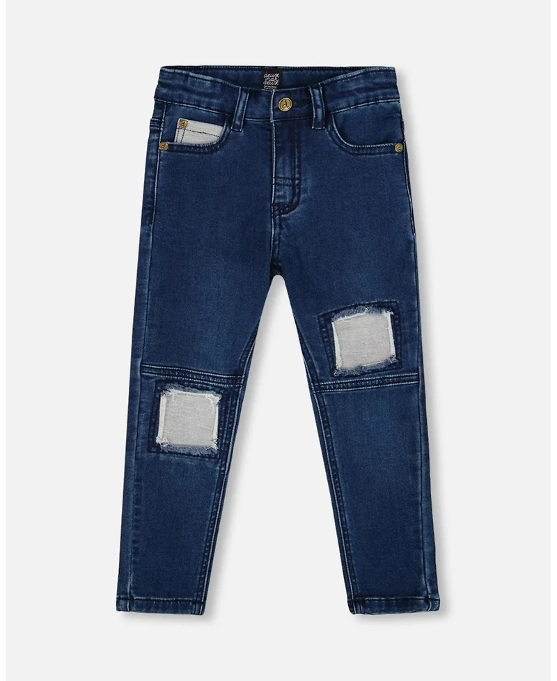 Deux par Baby Boys French Terry Blue Denim Pants with Contrasting Patch