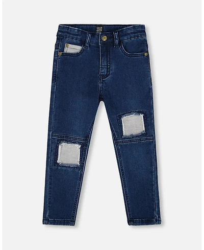 Deux par Baby Boys French Terry Blue Denim Pants with Contrasting Patch