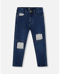 Deux par Baby Boys French Terry Blue Denim Pants with Contrasting Patch