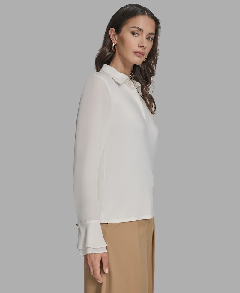 Bcbg Women's Long Sleeve Ruffle-Cuff Collared Top