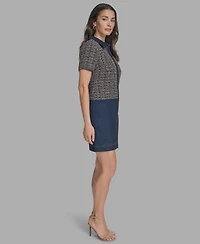 Bcbg Women's Short Sleeve Drop-Waist Tweed Denim Mini Dress