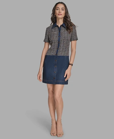 Bcbg Women's Short Sleeve Drop-Waist Tweed Denim Mini Dress