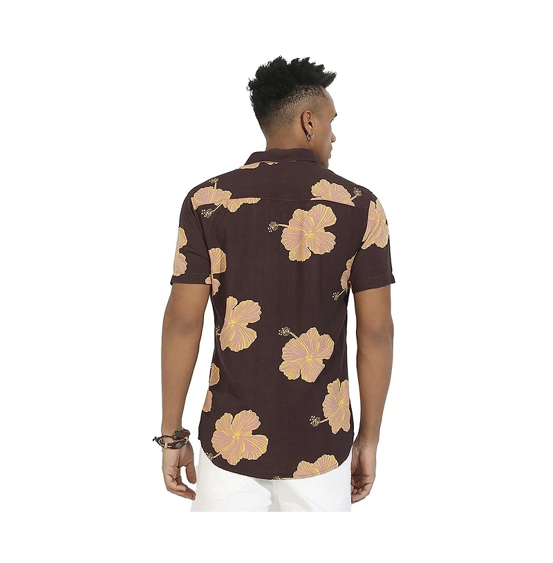 Campus Sutra Men's Brown Hibiscus Print Shirt
