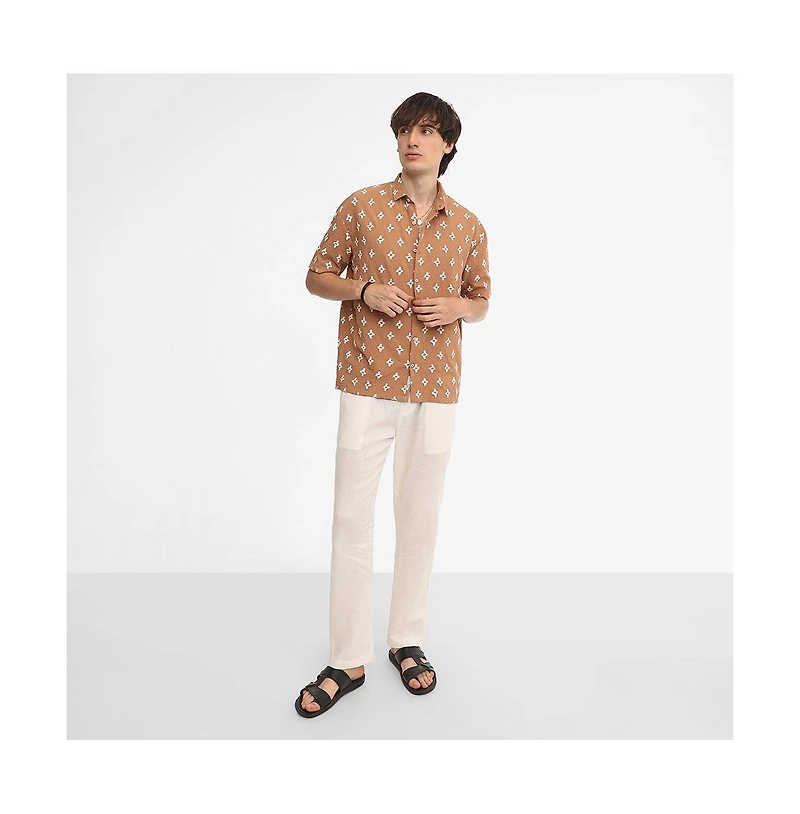 Campus Sutra Men's Tan Brown Floral-Tactile Oversized Shirt
