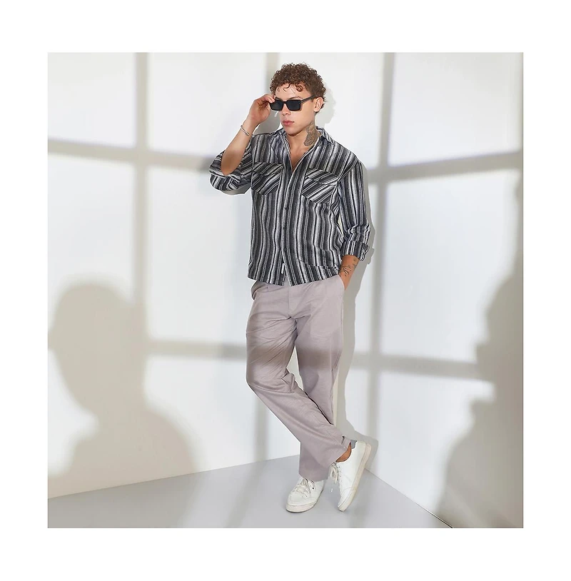 Campus Sutra Men's Charcoal Grey Multitrack Striped Oversized Shirt