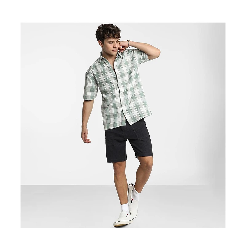Campus Sutra Men's Sage Green & Powder White Buffalo Check Shirt